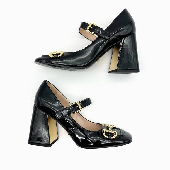GUCCI Black Baby Bit Horsebit Square Toe Mary Jane Heel Size 38.5 Leather Block - Picture 9 of 13